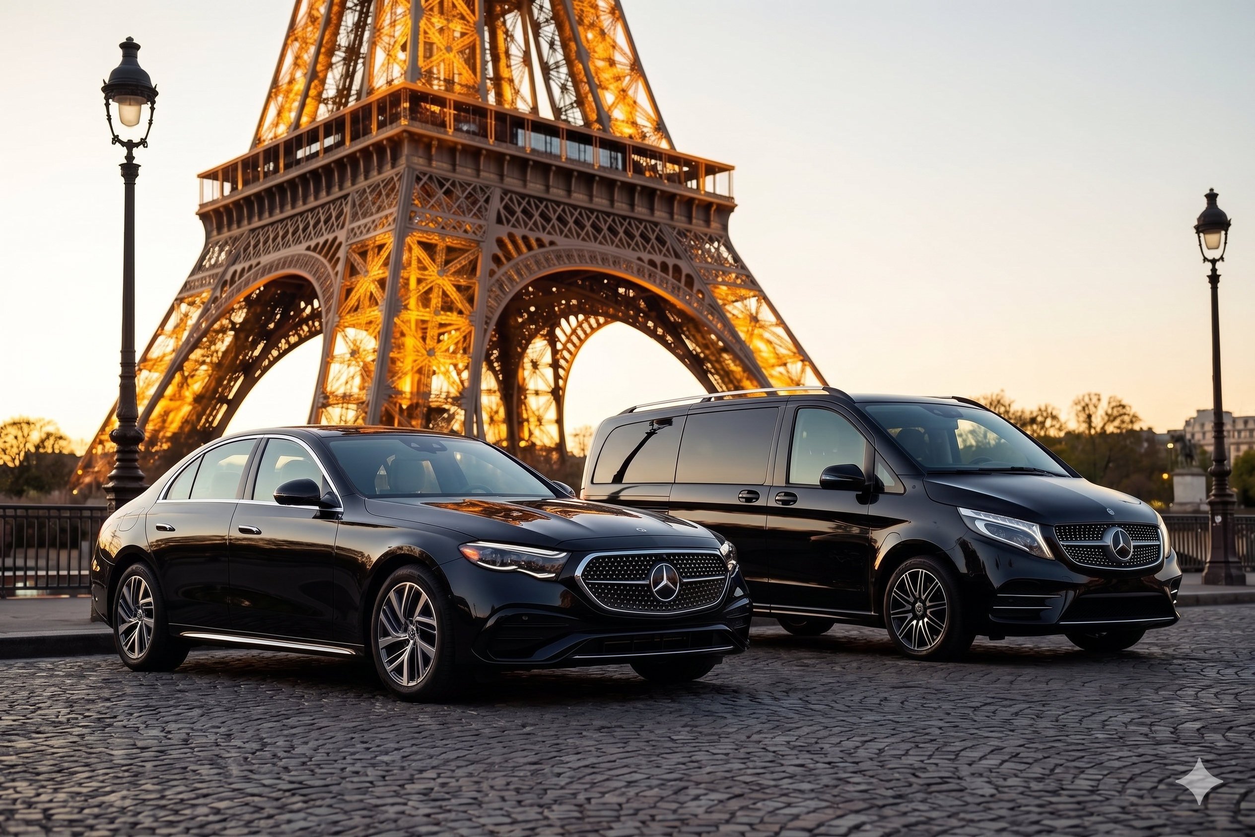 Luxury Mercedes van in front of the Eiffel Tower